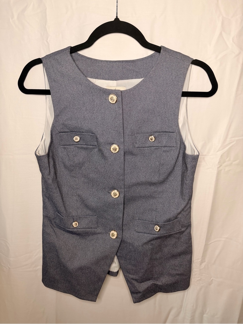 Joie Sleeveless Button Vest in Slate Blue with Gold-Tone Buttons